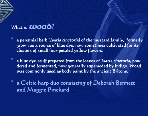 What is Woad?
1. a perennial herb (Isatis tinctoria) of the mustard family, formerly grown as a source of blue dye, now sometimes cultivated for its clusters of small four-petaled yellow flowers.
2. a blue dye-stuff prepared from the leaves of Isatis tinctoria, powdered and fermented, now generally superseded by indigo. Woad was commonly used as body paint by the ancient Britons.
3. a Celtic harp duo consisting of Deborah Bennett and Maggie Pinckard! 